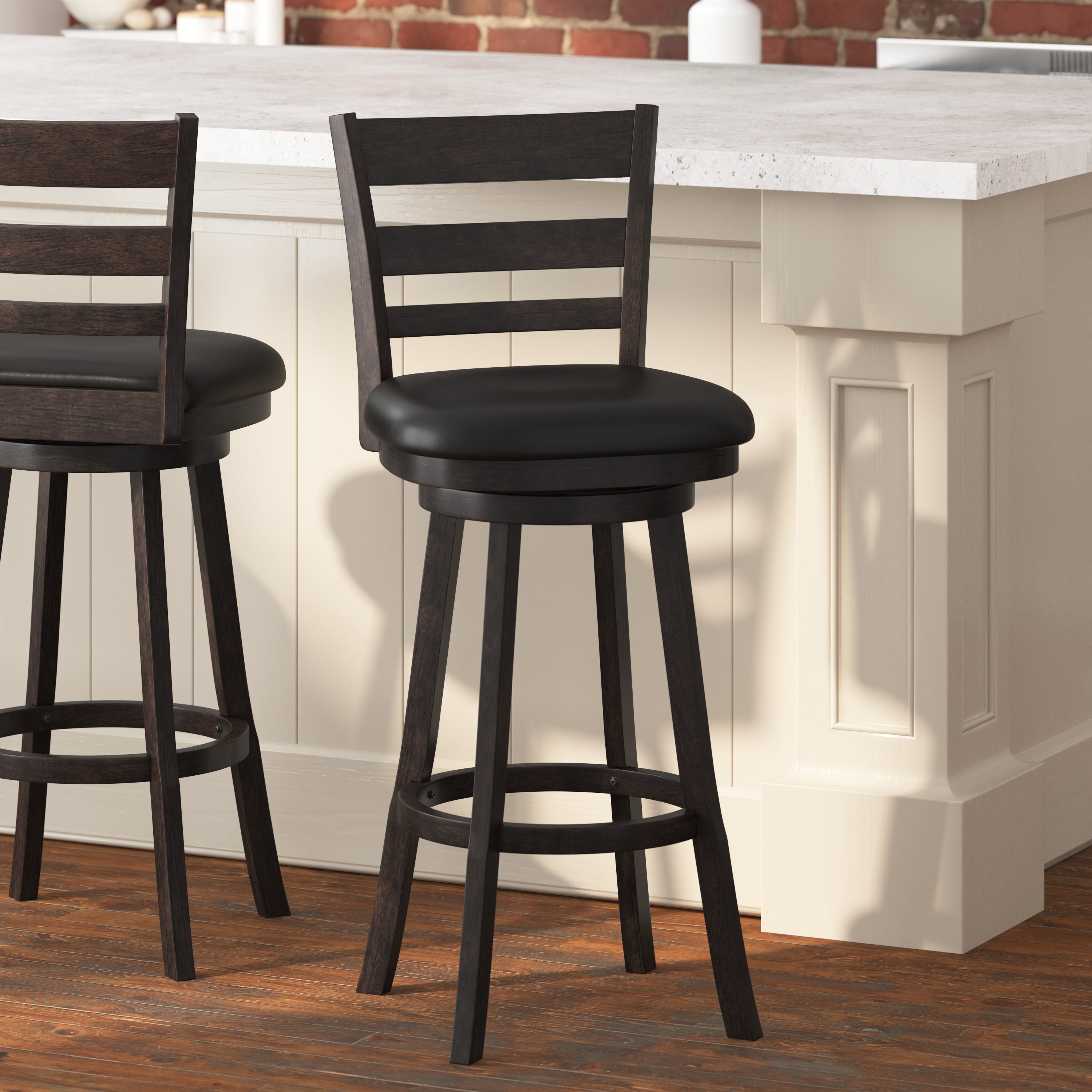 Zayne Classic Ladderback Wooden Swivel Bar Stool with Faux Leather Sea