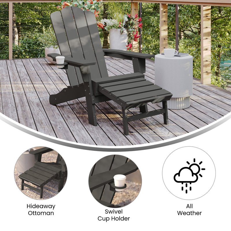 Hedley Adirondack Chair with Cup Holder and Pull Out Ottoman, All-Weather HDPE Indoor/Outdoor Lounge Chair