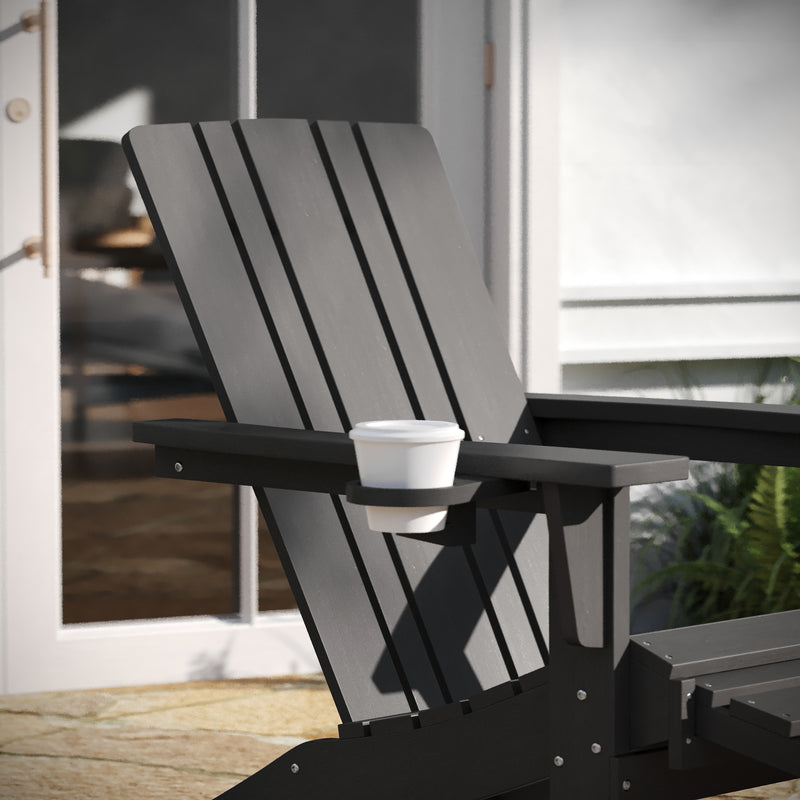 Hedley Adirondack Chair with Cup Holder and Pull Out Ottoman, All-Weather HDPE Indoor/Outdoor Lounge Chair