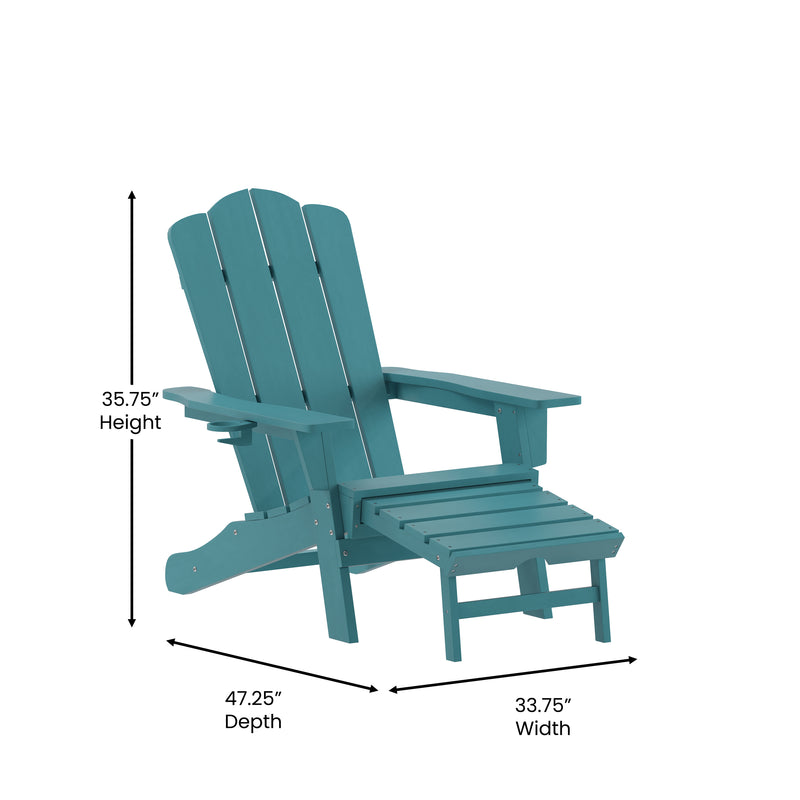 Nellis Adirondack Chair with Cup Holder and Pull Out Ottoman, All-Weather HDPE Indoor/Outdoor Lounge Chair, Set of 2