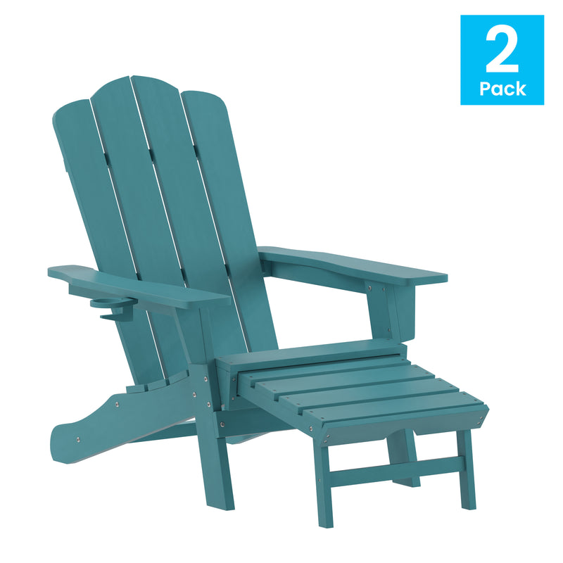 Nellis Adirondack Chair with Cup Holder and Pull Out Ottoman, All-Weather HDPE Indoor/Outdoor Lounge Chair, Set of 2