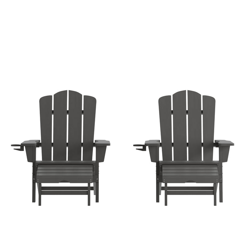 Nellis Adirondack Chair with Cup Holder and Pull Out Ottoman, All-Weather HDPE Indoor/Outdoor Lounge Chair, Set of 2