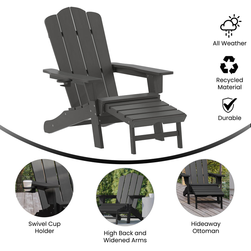 Nellis Adirondack Chair with Cup Holder and Pull Out Ottoman, All-Weather HDPE Indoor/Outdoor Lounge Chair, Set of 2