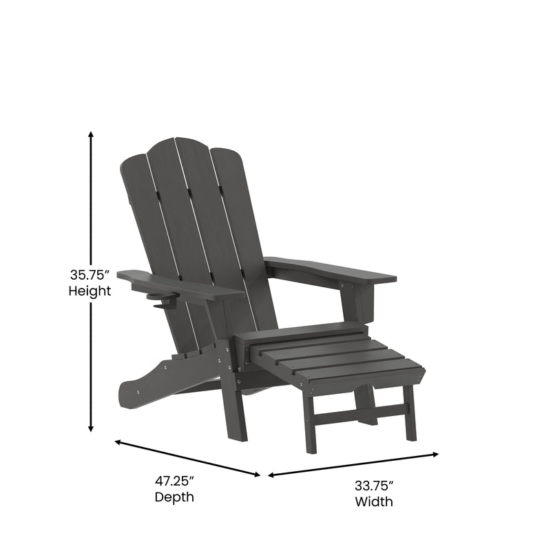 Nellis Adirondack Chair with Cup Holder and Pull Out Ottoman, All-Weather HDPE Indoor/Outdoor Lounge Chair, Set of 2