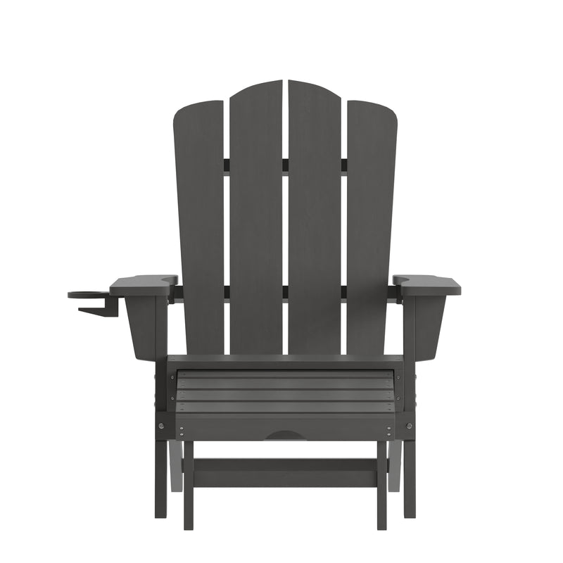 Nellis Adirondack Chair with Cup Holder and Pull Out Ottoman, All-Weather HDPE Indoor/Outdoor Lounge Chair, Set of 2