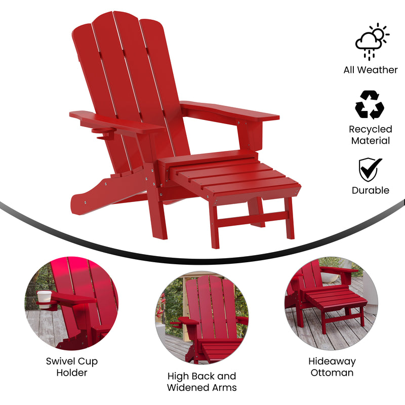 Nellis Adirondack Chair with Cup Holder and Pull Out Ottoman, All-Weather HDPE Indoor/Outdoor Lounge Chair, Set of 2