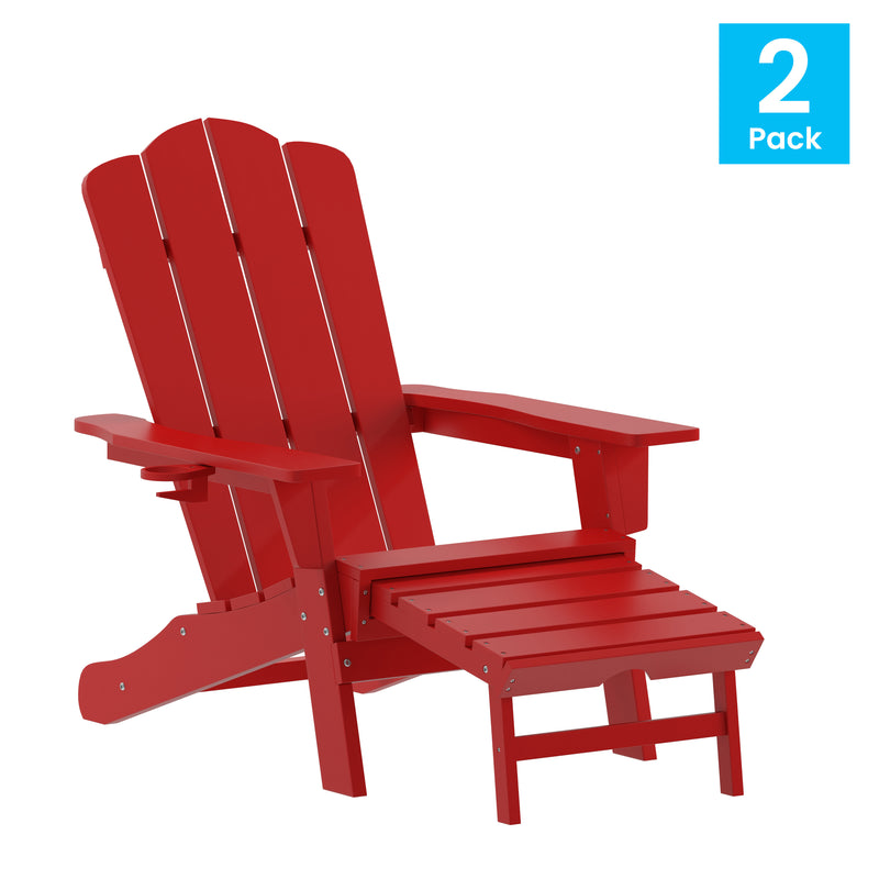 Nellis Adirondack Chair with Cup Holder and Pull Out Ottoman, All-Weather HDPE Indoor/Outdoor Lounge Chair, Set of 2