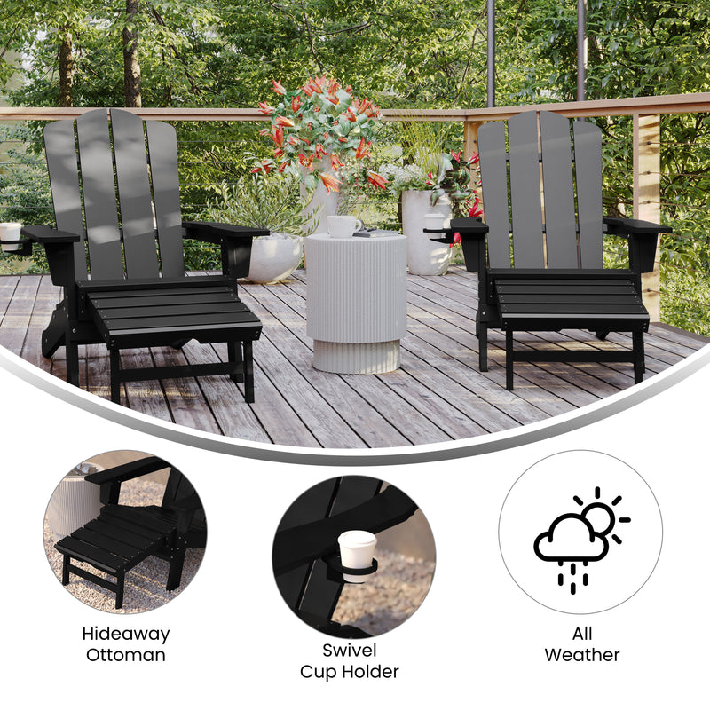 Hedley Adirondack Chair with Cup Holder and Pull Out Ottoman, All-Weather HDPE Indoor/Outdoor Lounge Chair, Set of 2