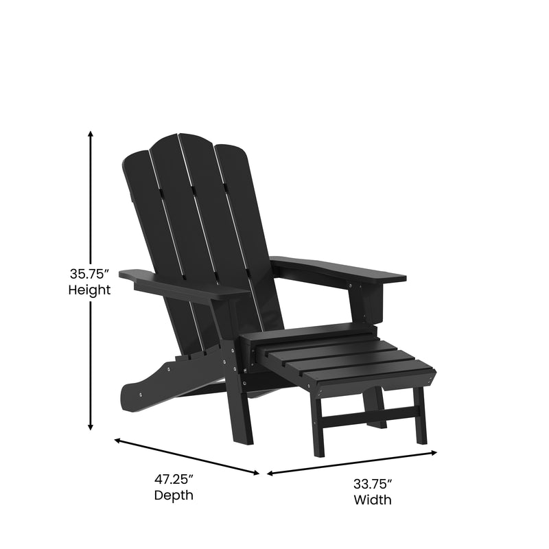 Hedley Adirondack Chair with Cup Holder and Pull Out Ottoman, All-Weather HDPE Indoor/Outdoor Lounge Chair, Set of 2