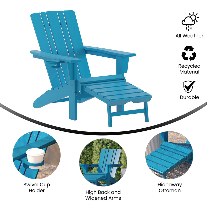 Hedley Adirondack Chair with Cup Holder and Pull Out Ottoman, All-Weather HDPE Indoor/Outdoor Lounge Chair, Set of 2