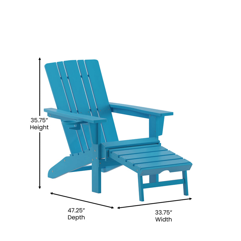 Hedley Adirondack Chair with Cup Holder and Pull Out Ottoman, All-Weather HDPE Indoor/Outdoor Lounge Chair, Set of 2