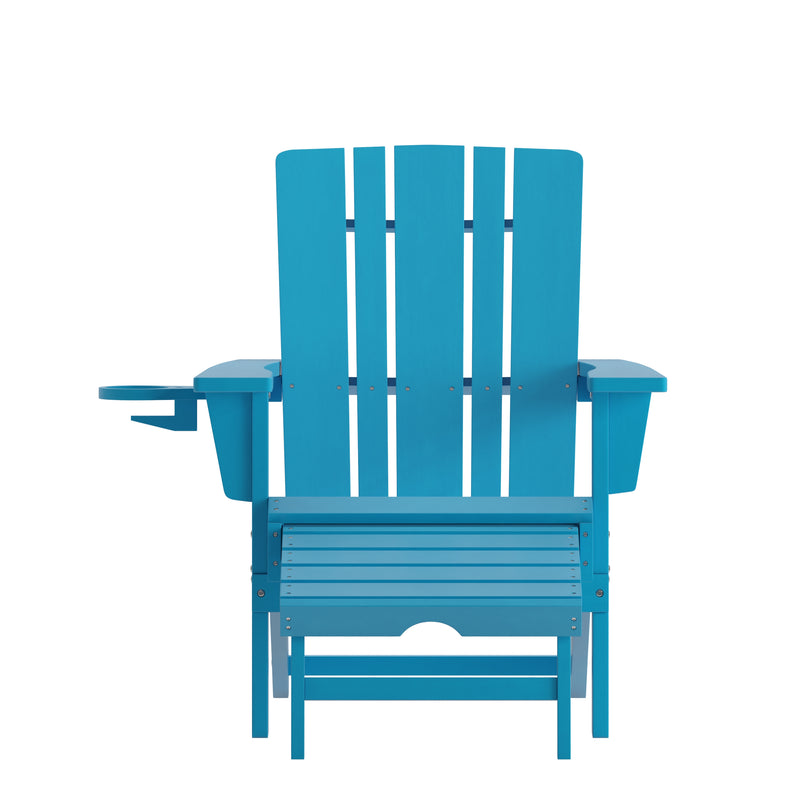 Hedley Adirondack Chair with Cup Holder and Pull Out Ottoman, All-Weather HDPE Indoor/Outdoor Lounge Chair, Set of 2