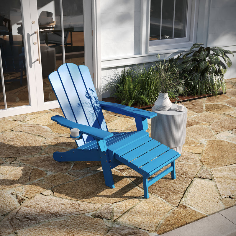 Hedley Adirondack Chair with Cup Holder and Pull Out Ottoman, All-Weather HDPE Indoor/Outdoor Lounge Chair, Set of 2