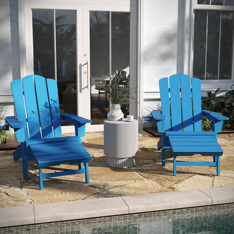 Hedley Adirondack Chair with Cup Holder and Pull Out Ottoman, All-Weather HDPE Indoor/Outdoor Lounge Chair, Set of 2