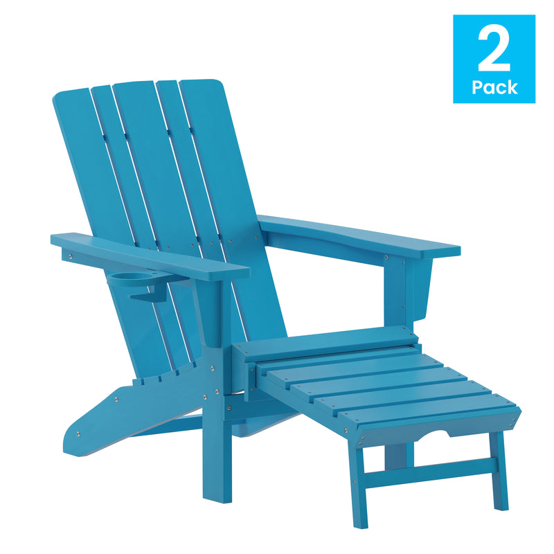 Hedley Adirondack Chair with Cup Holder and Pull Out Ottoman, All-Weather HDPE Indoor/Outdoor Lounge Chair, Set of 2