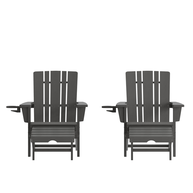 Hedley Adirondack Chair with Cup Holder and Pull Out Ottoman, All-Weather HDPE Indoor/Outdoor Lounge Chair, Set of 2