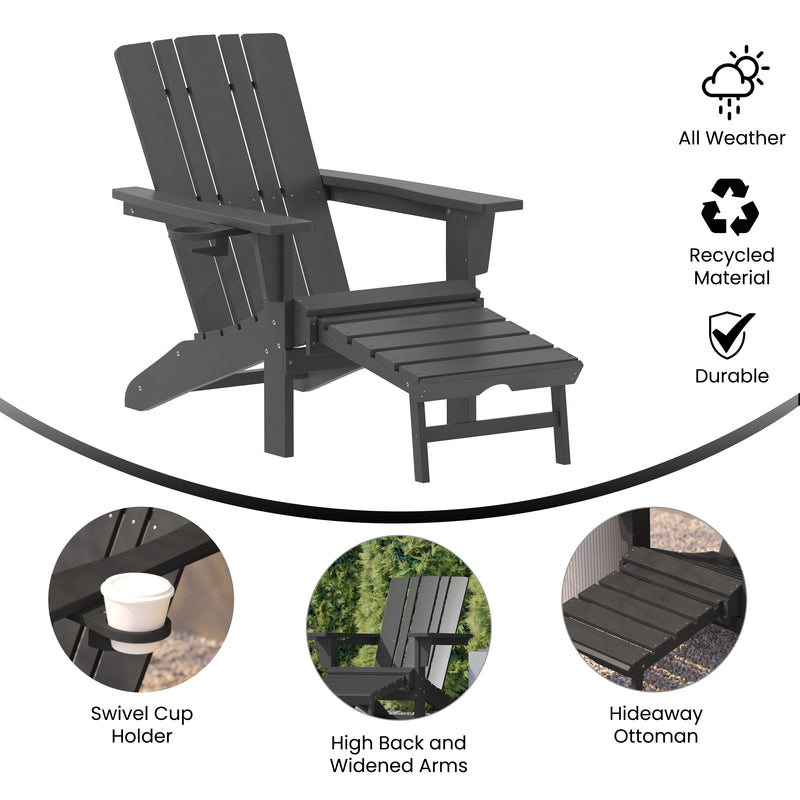 Hedley Adirondack Chair with Cup Holder and Pull Out Ottoman, All-Weather HDPE Indoor/Outdoor Lounge Chair, Set of 2