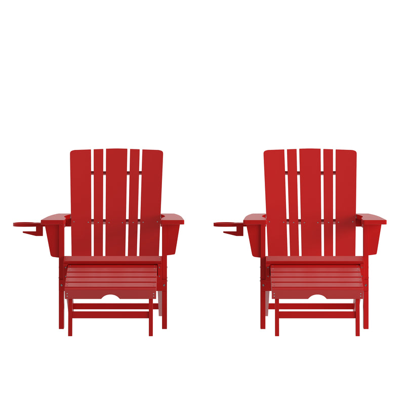 Hedley Adirondack Chair with Cup Holder and Pull Out Ottoman, All-Weather HDPE Indoor/Outdoor Lounge Chair, Set of 2