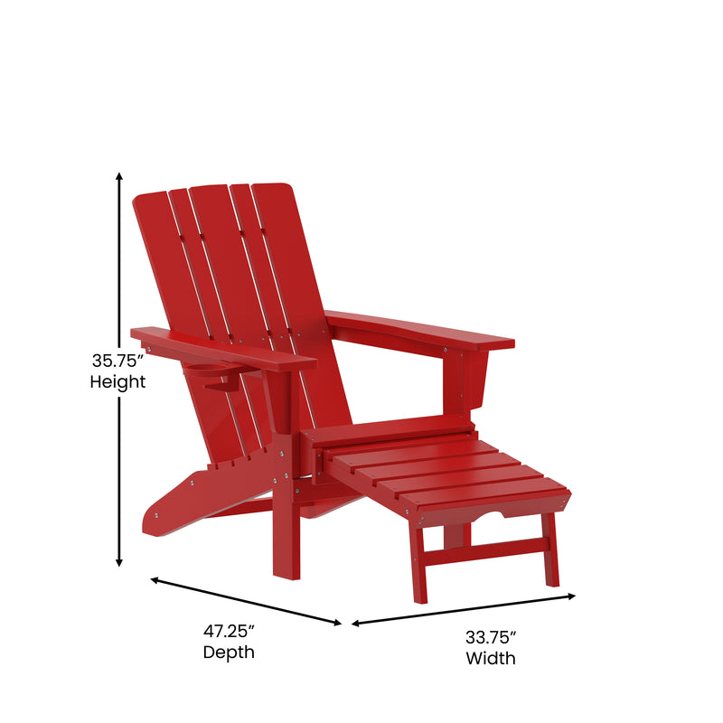 Hedley Adirondack Chair with Cup Holder and Pull Out Ottoman, All-Weather HDPE Indoor/Outdoor Lounge Chair, Set of 2