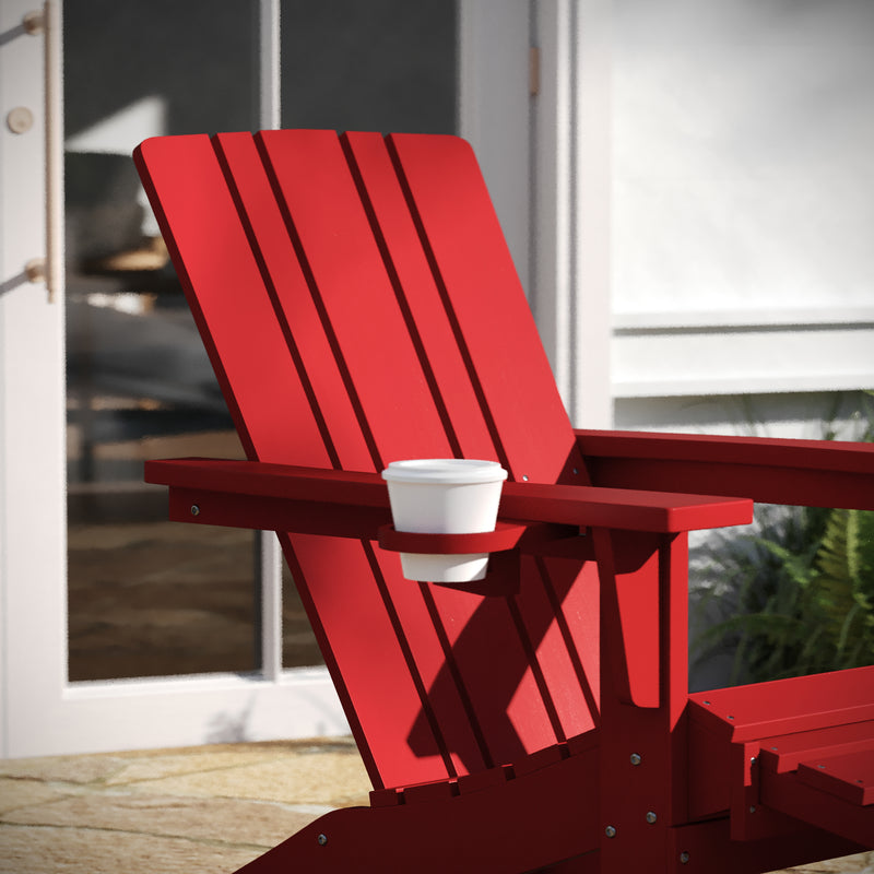 Hedley Adirondack Chair with Cup Holder and Pull Out Ottoman, All-Weather HDPE Indoor/Outdoor Lounge Chair, Set of 2