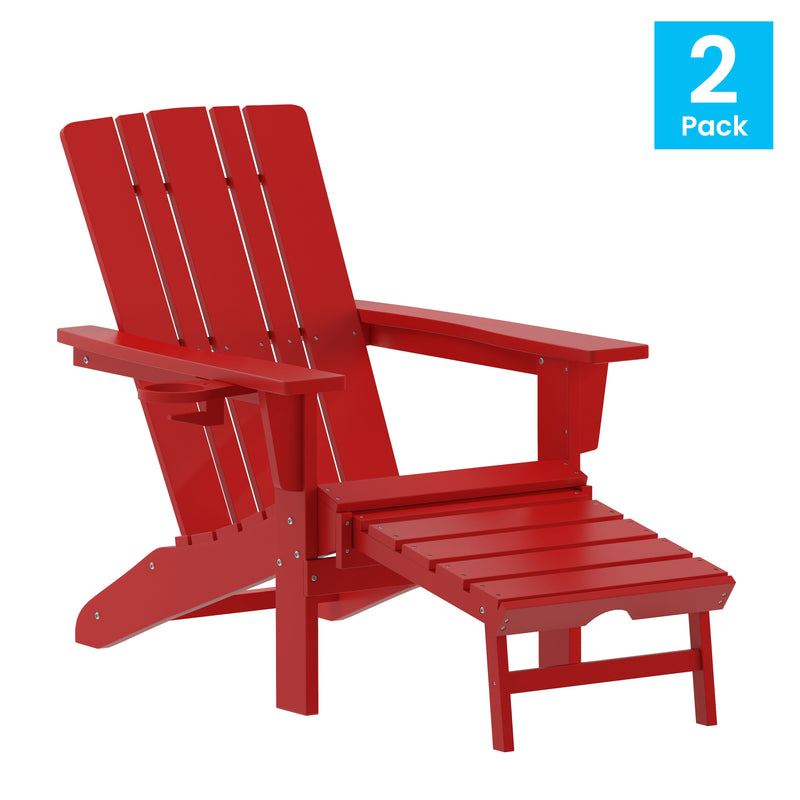 Hedley Adirondack Chair with Cup Holder and Pull Out Ottoman, All-Weather HDPE Indoor/Outdoor Lounge Chair, Set of 2