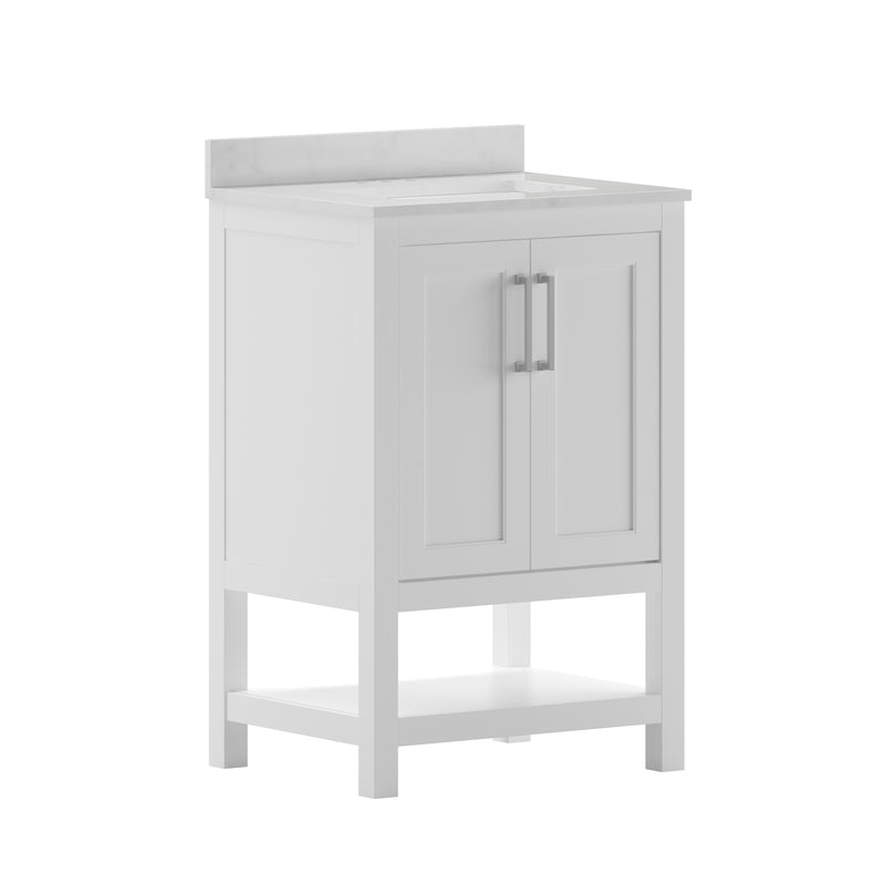 Vivien 24 Inch Bathroom Vanity with Carrara Marble Finish Countertop, Single Sink Cabinet with Soft Close Doors and Open Shelf