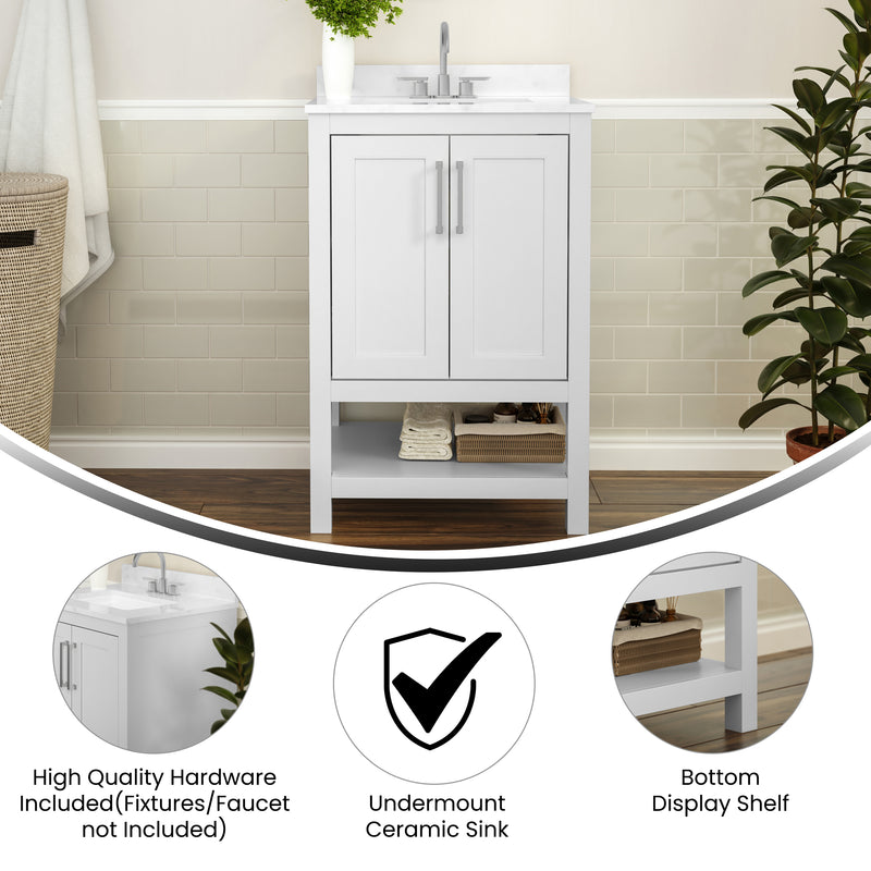 Vivien 24 Inch Bathroom Vanity with Carrara Marble Finish Countertop, Single Sink Cabinet with Soft Close Doors and Open Shelf