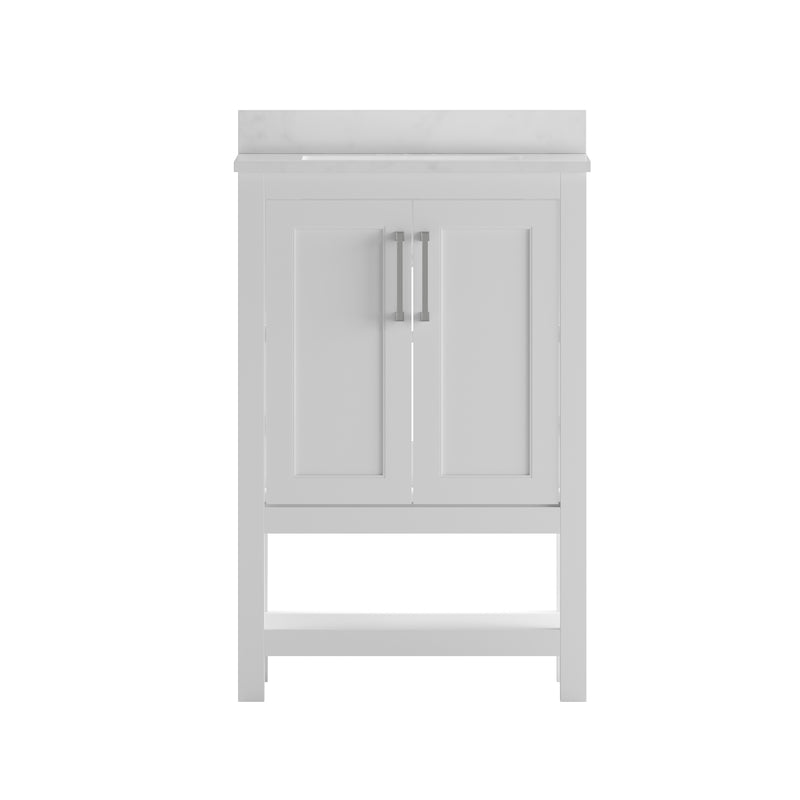 Vivien 24 Inch Bathroom Vanity with Carrara Marble Finish Countertop, Single Sink Cabinet with Soft Close Doors and Open Shelf