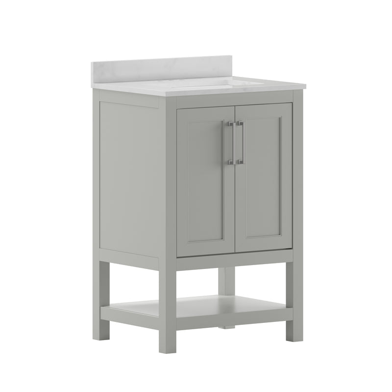 Vivien 24 Inch Bathroom Vanity with Carrara Marble Finish Countertop, Single Sink Cabinet with Soft Close Doors and Open Shelf