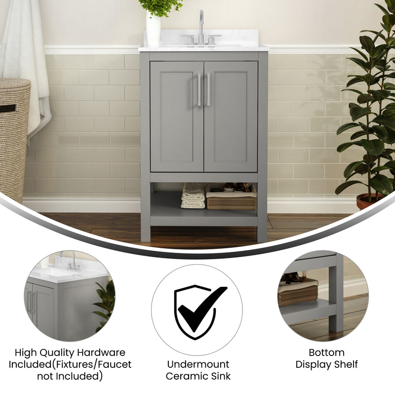 Vivien 24 Inch Bathroom Vanity with Carrara Marble Finish Countertop, Single Sink Cabinet with Soft Close Doors and Open Shelf