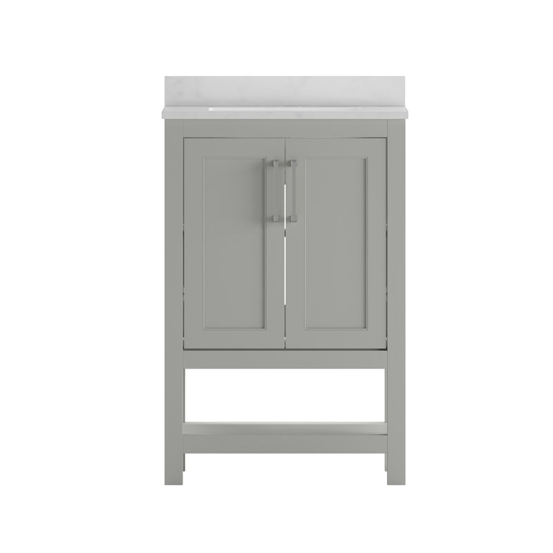 Vivien 24 Inch Bathroom Vanity with Carrara Marble Finish Countertop, Single Sink Cabinet with Soft Close Doors and Open Shelf