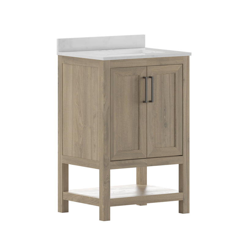 Vivien 24 Inch Bathroom Vanity with Carrara Marble Finish Countertop, Single Sink Cabinet with Soft Close Doors and Open Shelf