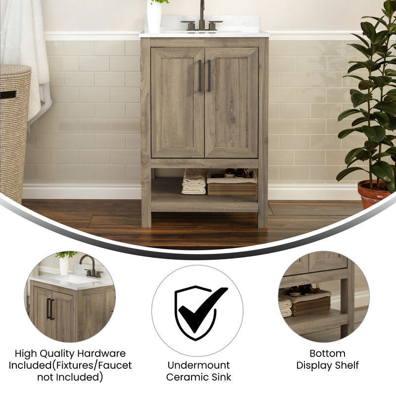 Vivien 24 Inch Bathroom Vanity with Carrara Marble Finish Countertop, Single Sink Cabinet with Soft Close Doors and Open Shelf