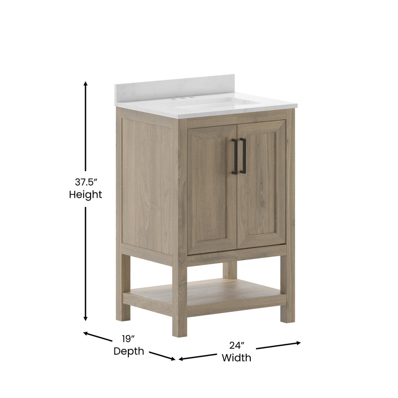 Vivien 24 Inch Bathroom Vanity with Carrara Marble Finish Countertop, Single Sink Cabinet with Soft Close Doors and Open Shelf