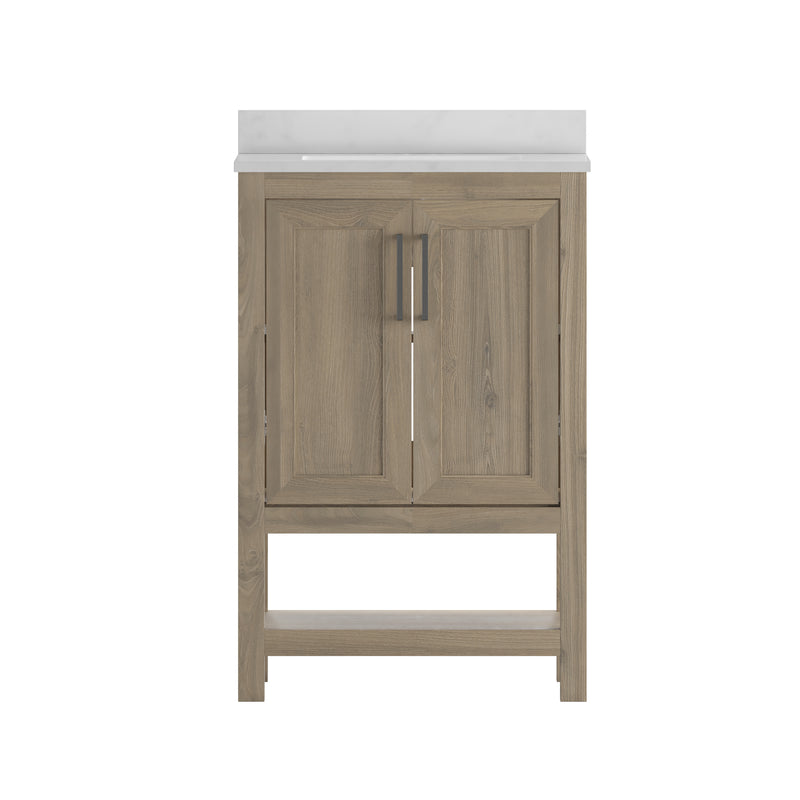 Vivien 24 Inch Bathroom Vanity with Carrara Marble Finish Countertop, Single Sink Cabinet with Soft Close Doors and Open Shelf