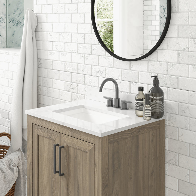 Vivien 24 Inch Bathroom Vanity with Carrara Marble Finish Countertop, Single Sink Cabinet with Soft Close Doors and Open Shelf