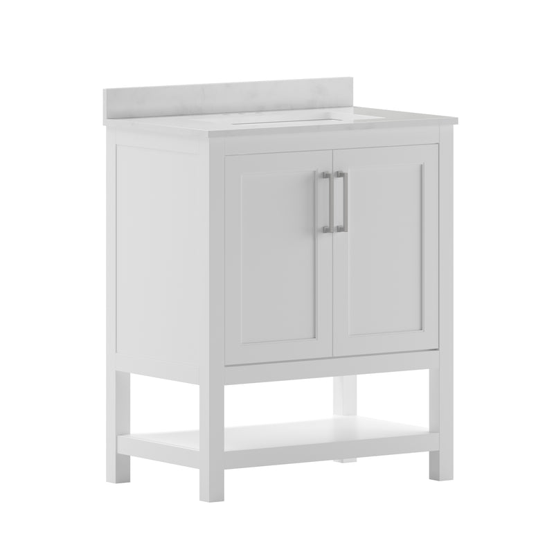 Vivien 30 Inch Bathroom Vanity with Carrara Marble Finish Countertop, Single Sink Cabinet with Soft Close Doors and Open Shelf