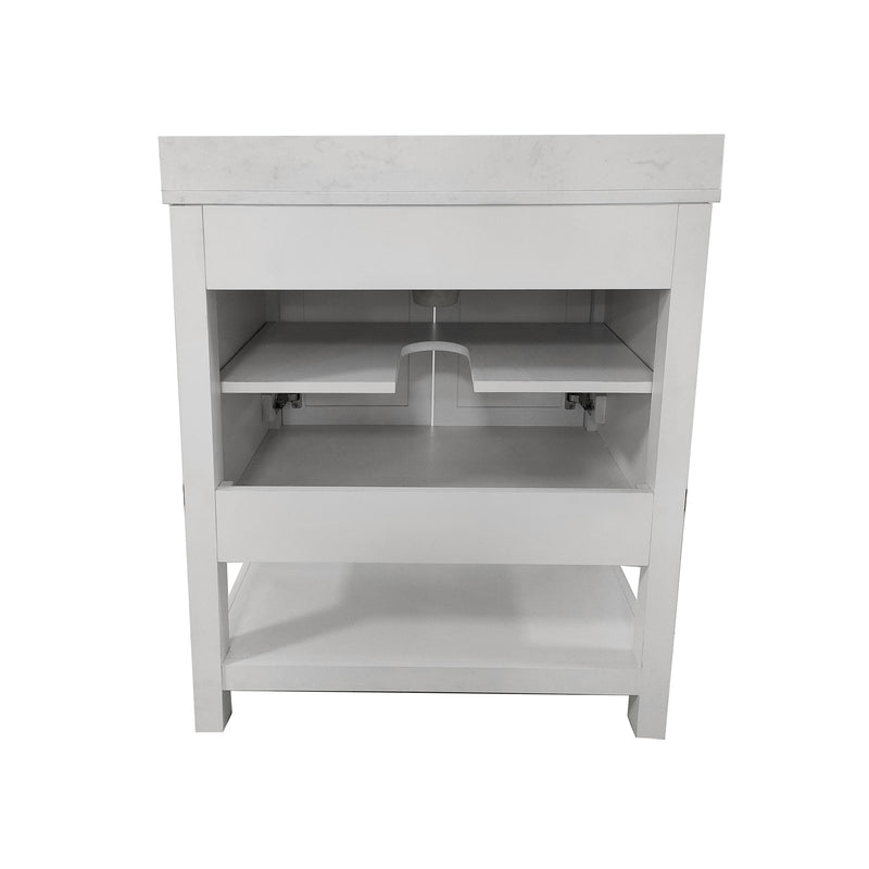 Vivien 30 Inch Bathroom Vanity with Carrara Marble Finish Countertop, Single Sink Cabinet with Soft Close Doors and Open Shelf