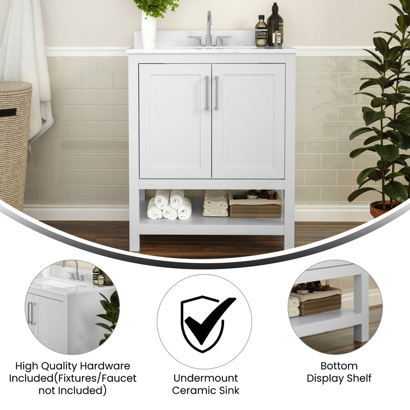 Vivien 30 Inch Bathroom Vanity with Carrara Marble Finish Countertop, Single Sink Cabinet with Soft Close Doors and Open Shelf