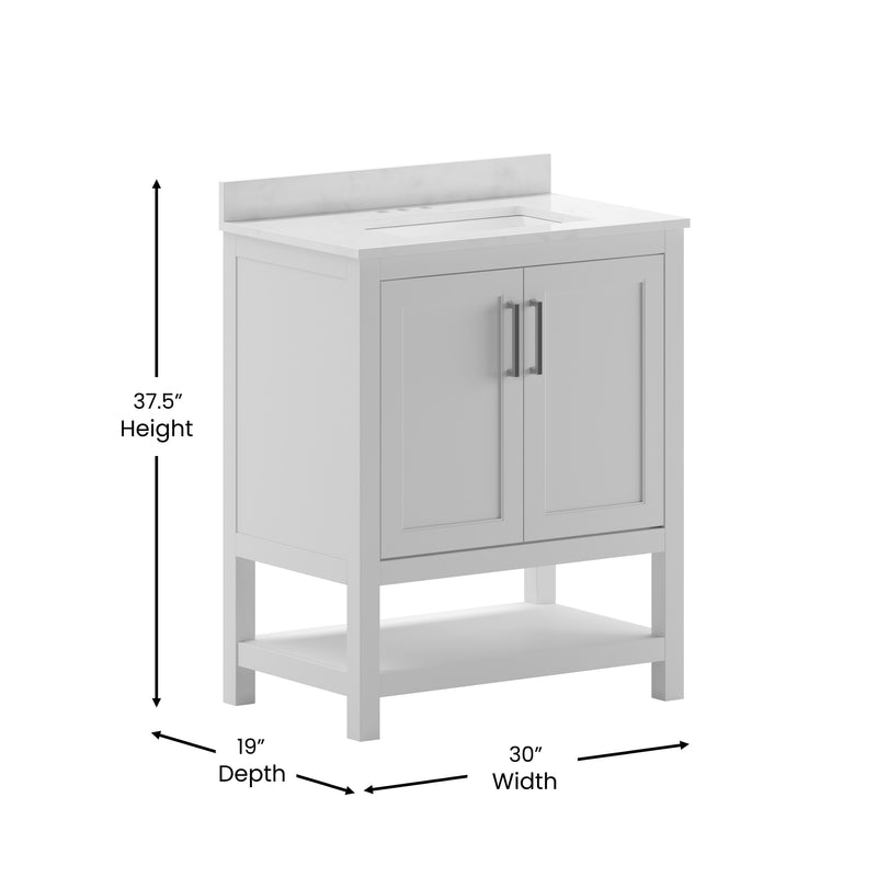 Vivien 30 Inch Bathroom Vanity with Carrara Marble Finish Countertop, Single Sink Cabinet with Soft Close Doors and Open Shelf