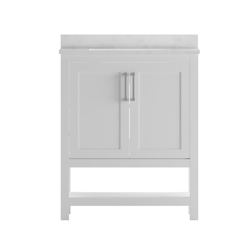 Vivien 30 Inch Bathroom Vanity with Carrara Marble Finish Countertop, Single Sink Cabinet with Soft Close Doors and Open Shelf