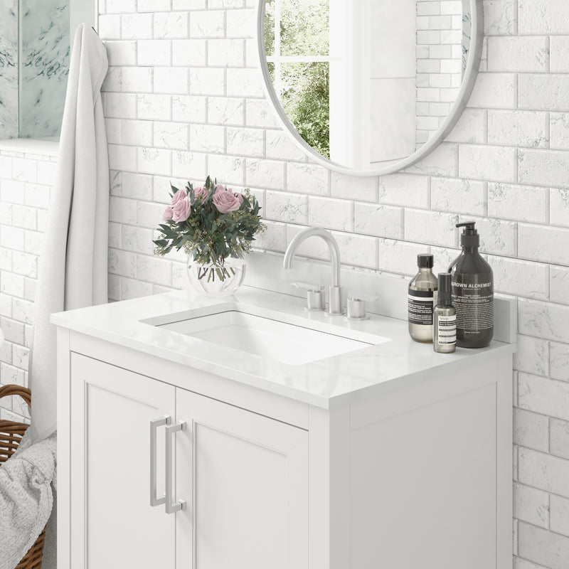 Vivien 30 Inch Bathroom Vanity with Carrara Marble Finish Countertop, Single Sink Cabinet with Soft Close Doors and Open Shelf