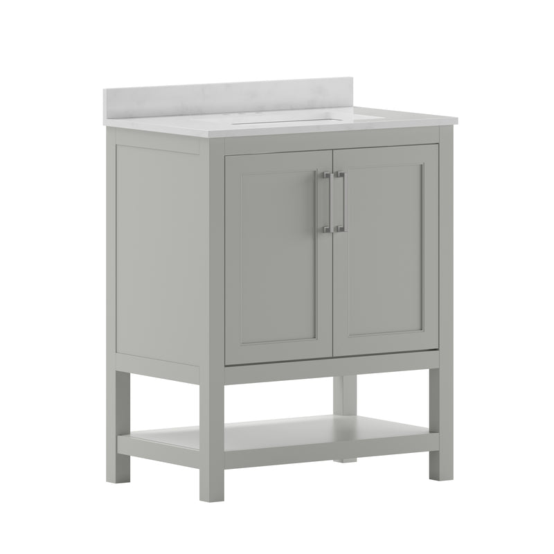 Vivien 30 Inch Bathroom Vanity with Carrara Marble Finish Countertop, Single Sink Cabinet with Soft Close Doors and Open Shelf