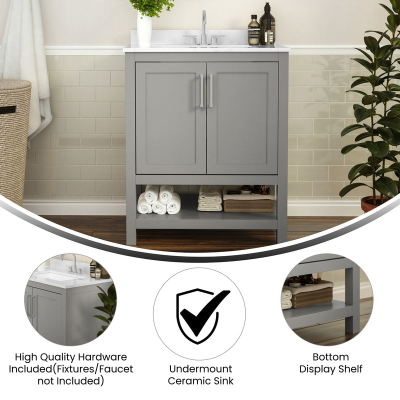 Vivien 30 Inch Bathroom Vanity with Carrara Marble Finish Countertop, Single Sink Cabinet with Soft Close Doors and Open Shelf