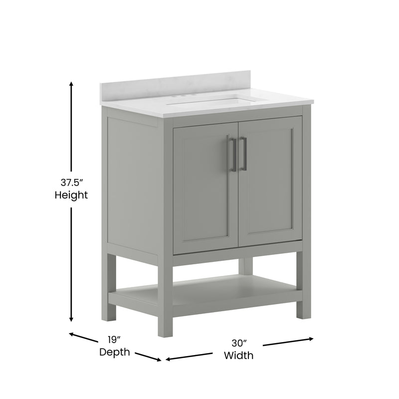 Vivien 30 Inch Bathroom Vanity with Carrara Marble Finish Countertop, Single Sink Cabinet with Soft Close Doors and Open Shelf