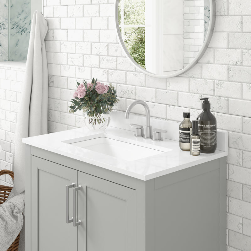 Vivien 30 Inch Bathroom Vanity with Carrara Marble Finish Countertop, Single Sink Cabinet with Soft Close Doors and Open Shelf