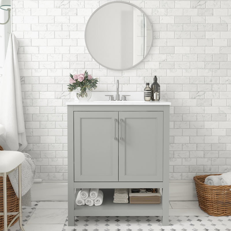 Vivien 30 Inch Bathroom Vanity with Carrara Marble Finish Countertop, Single Sink Cabinet with Soft Close Doors and Open Shelf