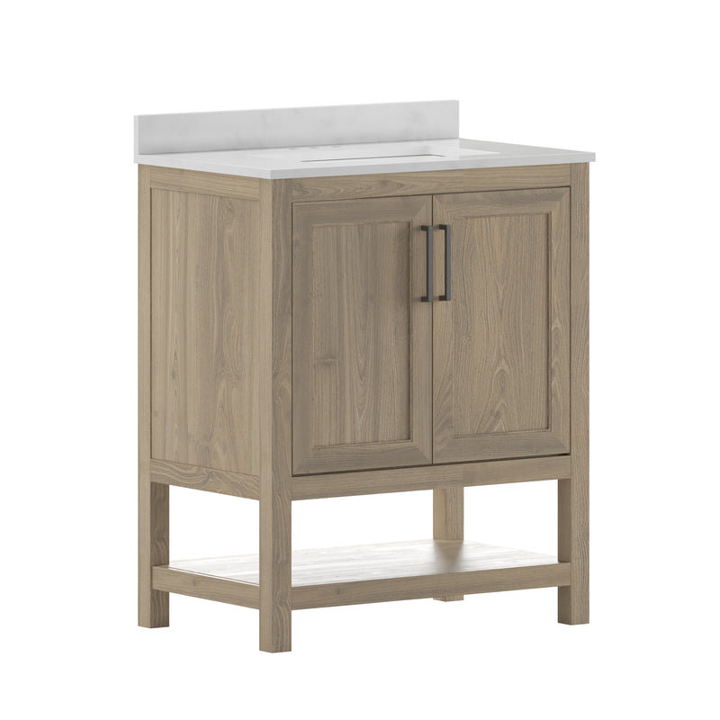 Vivien 30 Inch Bathroom Vanity with Carrara Marble Finish Countertop, Single Sink Cabinet with Soft Close Doors and Open Shelf