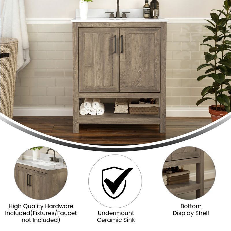 Vivien 30 Inch Bathroom Vanity with Carrara Marble Finish Countertop, Single Sink Cabinet with Soft Close Doors and Open Shelf