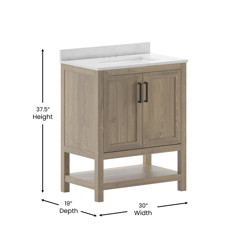 Vivien 30 Inch Bathroom Vanity with Carrara Marble Finish Countertop, Single Sink Cabinet with Soft Close Doors and Open Shelf